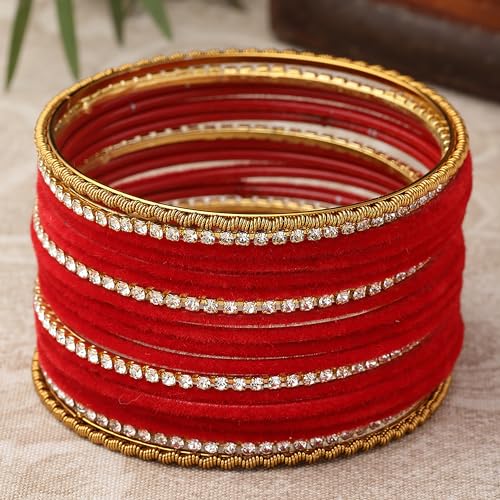 Image of ZENEME Gold-Plated Matte Finish Velvet White American Diamonds Studded Bangles Set Of 18 For Girls and Women