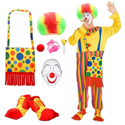 YICH Disfraz Payaso Clown Costume Disfraces de Circo   Incluye Peluca, Máscara, Nariz, Zapatos y Bolsa   para Accesorios de Carnaval y Cosplay