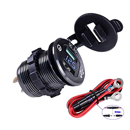 Aileap Dual USB Ports QC3.0 Car Charger with Blue LED Voltmeter Aluminum Phone Adapter Power DIY KIT for 12V/24V Vehicles Motorcycle Boat Truck (Black)