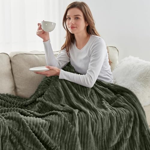 Image of Nestl Green Throw Blanket for Couch - Cozy Warm Fuzzy Blankets for Women, Set of 2 Small Fleece Throws for Girls - Olive Green, 50 x 60 Inches