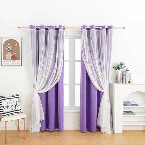 Image of 2 Panels Purple Blackout Curtains 52x84 Inches- Double Layer Lace Grommet for Bedroom, Nursery, Kids Room