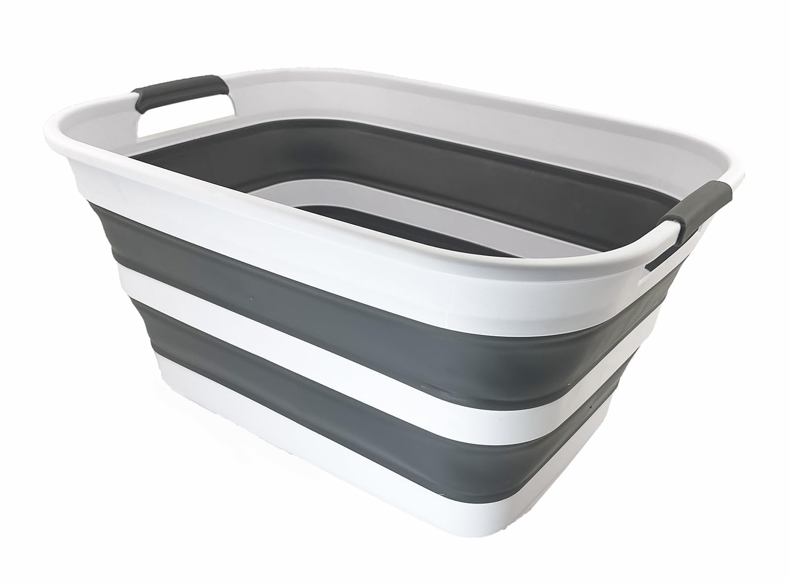 SAMMART Cesto portabiancheria pieghevole in plastica con manici a doppia impugnatura, 27 l, contenitore pieghevole pop up, vasca/cesto salvaspazio portatile (1, bianco/grigio acciaio)