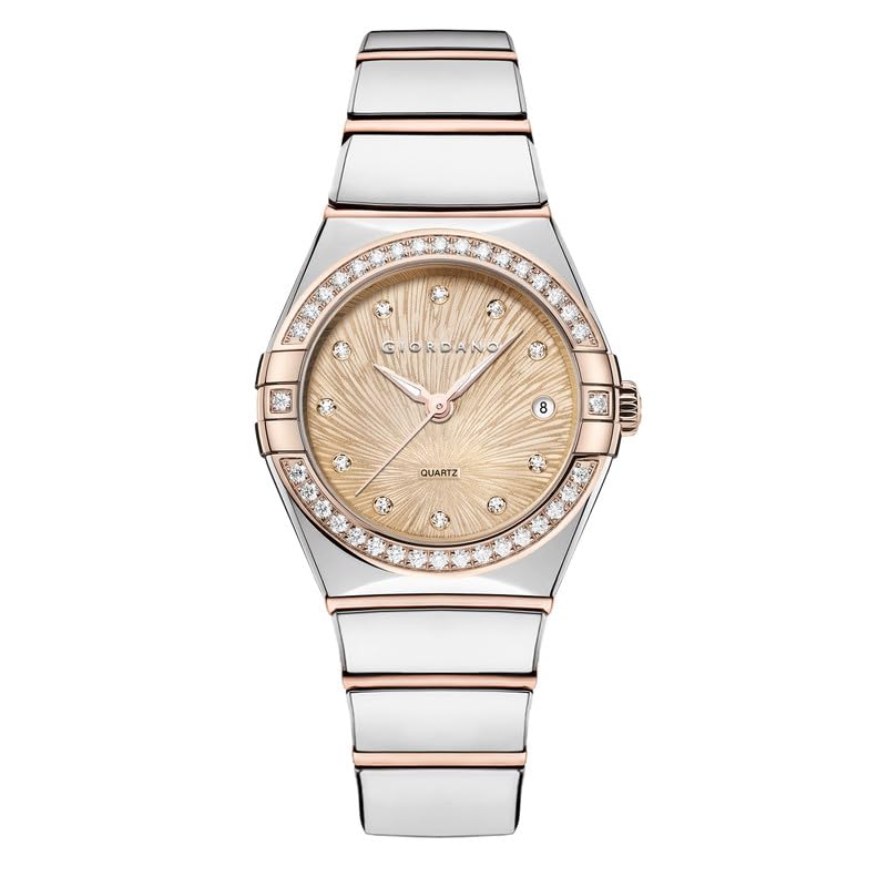 giordano Analog Quartz Watch for Women with Crystal-Encrusted Bezel, Sunray Textured Dial, Date Display and Two-Tone Stainless Steel Strap-picture-13