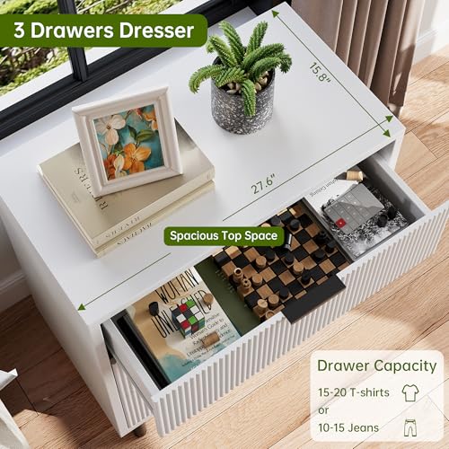 GarveeHome White Fluted 3 Drawers Dresser, Wide Wood Chest of Drawers, Modern Storage Dresser Chest of Drawers Organizer with Metal Legs and Anti-Tipping Device for Bedroom Living Room