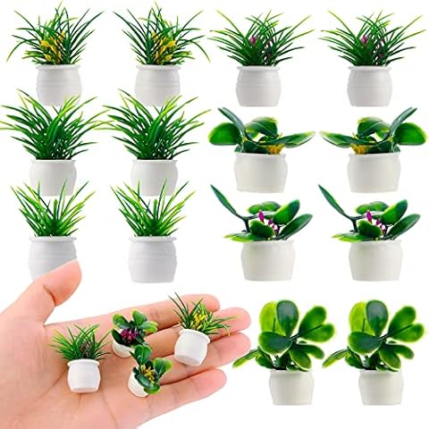 TIESOME Dollhouse Mini Plant Set, 14PCS Miniature Potted Plants 1:12 Dolls House Bonsai Plant Artificial Tiny Greenery Ornament Mini Fake Greenery Plant Model Tiny Flower Model Dollhouse Decoration Cover