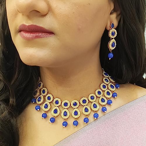 Efulgenz Crystal Indian Jewelry Choker Kundan Crystal Faux Pearl Necklace Earrings Maang Tikka Head Chain Bollywood Wedding Bridal Set for Women3