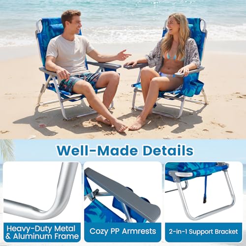 Image of Giantex Folding Beach Chair, Patio Sling Chairs with 5 Adjustable Position, Head Pillow, Storage Bag, Towel Bar, Cup Holders, Backpack Chairs for Sunbathing, Camping Chair