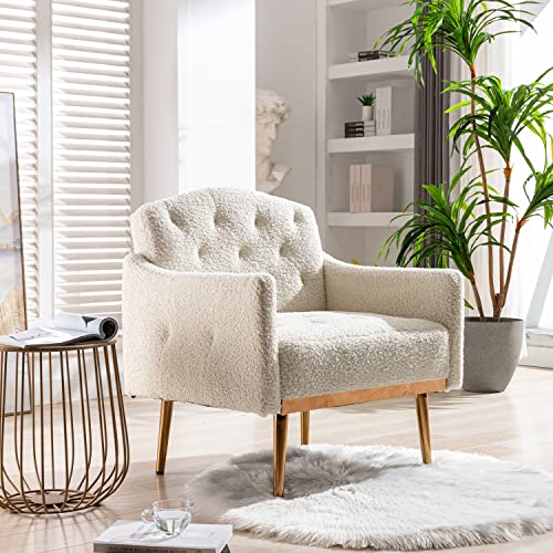 Olela Modern Accent Chair With Arms, Tufted Decorative Single Sofa Fabric Armchair With Gold Metal Legs, Upholstered Reading Chair For Living Room Bedroom Office (White - Fabric) #TOP3