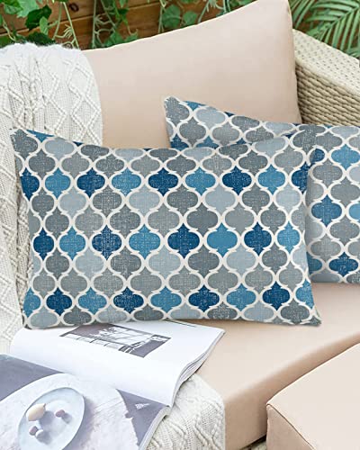Outdoor Pillow Covers Waterproof, Moroccan Blue Grey Geometric Quatrefoil All Weather Cushion Case Set of 2, Retro Navy Blue Pattern Lumbar Pillowcase for Sofa Couch Bed Decor Patio Furniture 20