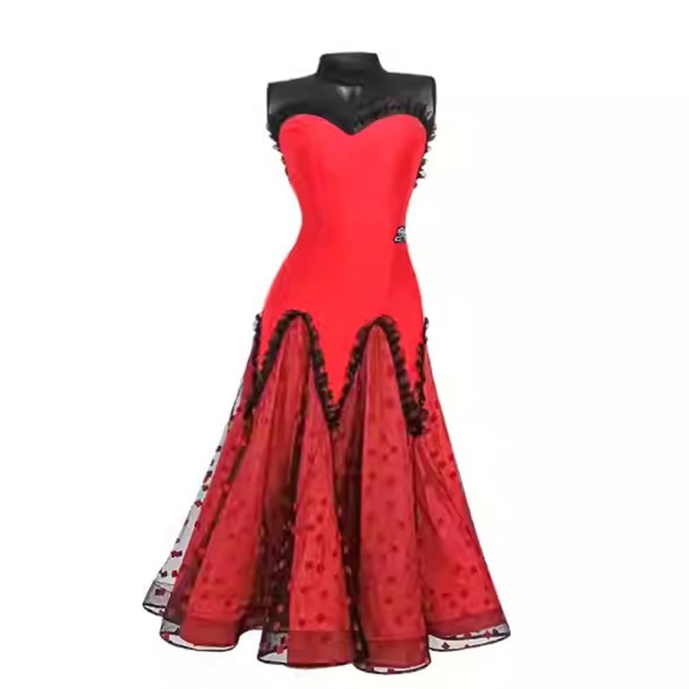 purpleq Vestido de Baile estándar Nacional para Mujeres, Vestido Rojo de salón, Waltz Moderno, Flamenco, Malla de Espina de pez, Falda de Gran Vuelo