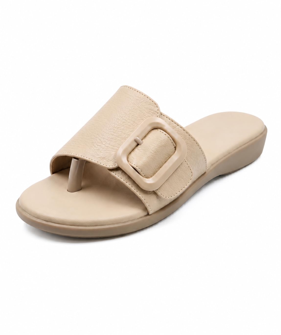 Ladies Premium Textured One-Toe Flats with Oversized Buckle | Comfort Slip-On Casual Slippers & Slides for Women-image-48