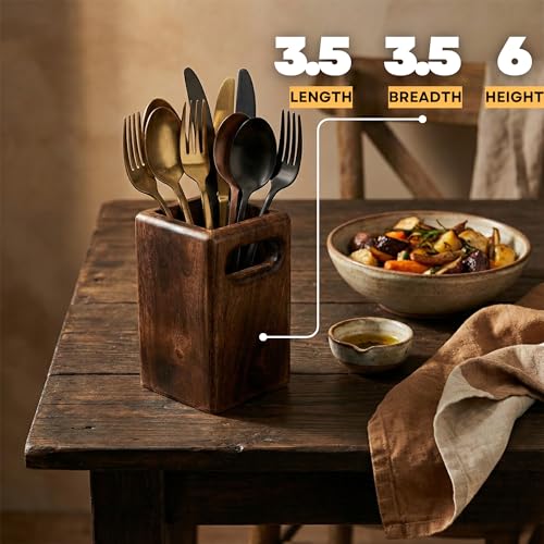 Image of Wooden Cutlery Holder Stand 4x4x6 Inch | Mango Wood Spoon Fork Organizer for Kitchen Counter | Dining Table Utensil Stand | Rustic Wooden Storage Rack | Housewarming Gift (4x4x6 Inch)