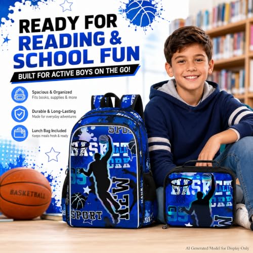Image of gxtvo 3PCS Boys Basketball Backpack, 17 inch Kids Bookbag with Lunch Box, Water Resistant Middle Elementary Preschool School Bag