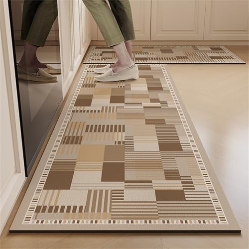 Highdi Alfombra Cocina Antideslizante, Alfombra Cocina Absorbentes Cuadros Marrones, Lavable Alfombra de Cocina Corredor, Diatomita Alfombra Baño Alfombrilla Escurreplatos (Marrón Claro,40x120cm)