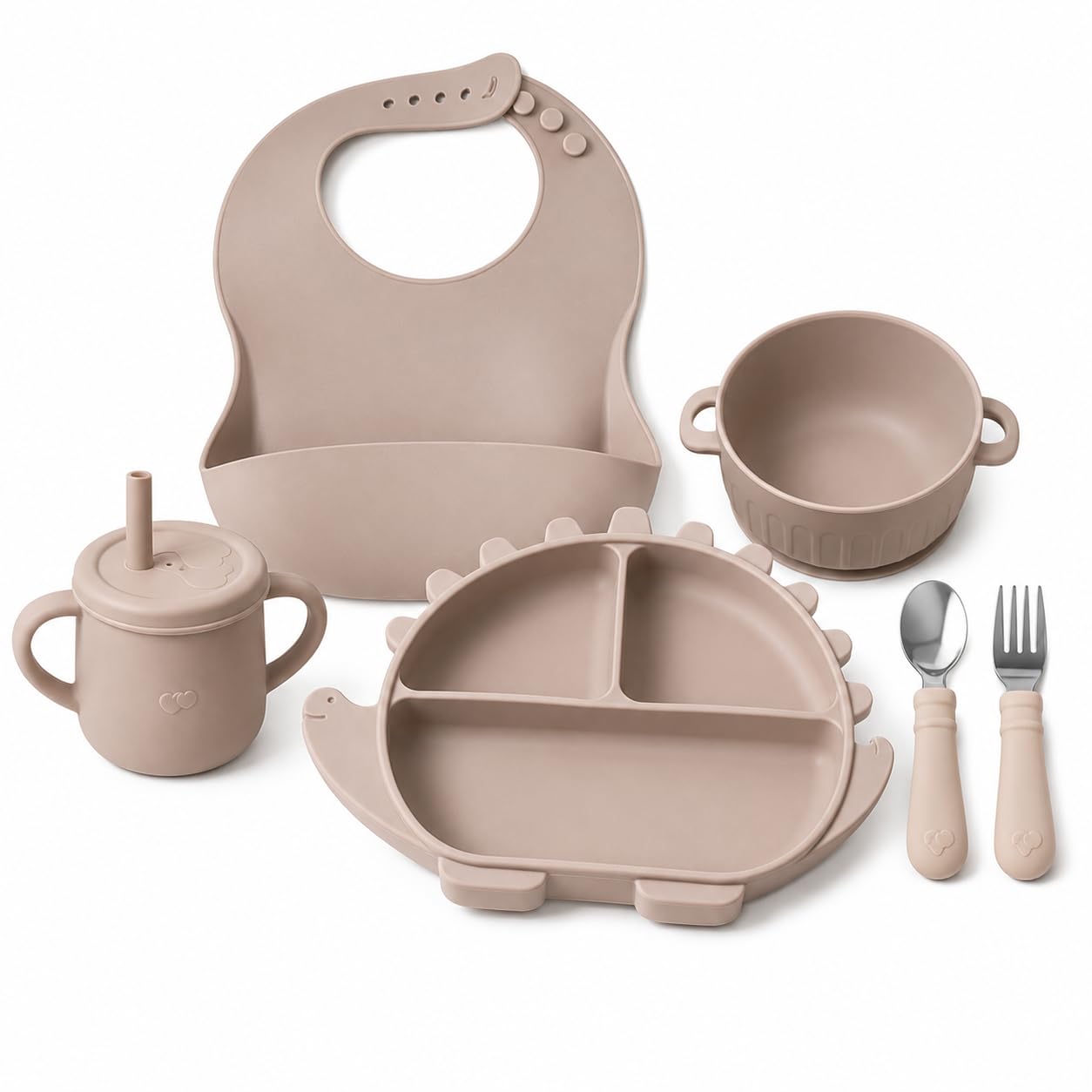 Silicone Baby Feeding Set, Dinosaur Divided Suction Plate, Bib, Bowl, Training Cup, Spoon and Fork, BPA Free, 6 Piece, Green (Beige)