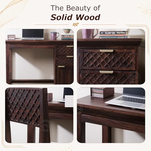 Image of NSH Solid Sheesham Wood Study Table with Chair | Wooden Writing Desk with Drawer & Door Storage | Pre-Assembled Computer Desk Workstation for Home Office & Study Room | Walnut Finish
