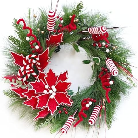 Christmas Wreath for Front Door, Soomeir Artificial Xmas Wreaths with Lollipop, for Wall Windows Mantle Indoor Outdoor Christmas Decoration Cover
