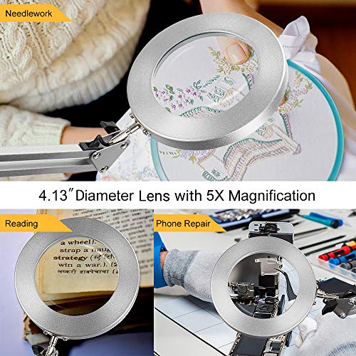 LED Magnifier Desk Lamp, 5X Magnifying Glass with Light, 3 Modes 10 Dimming, Foldable Metal Arms and Adjustable Clamp Base for Close Work Hobby Repairing Reading Crafts
