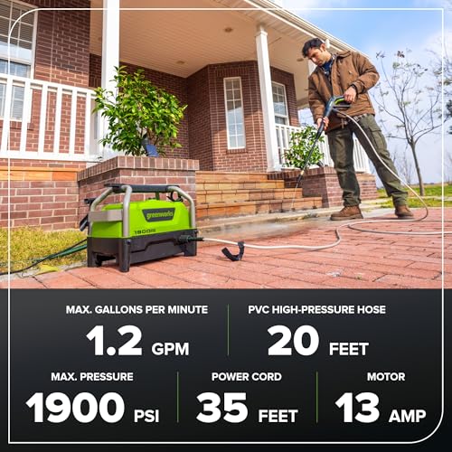 Image of Greenworks 1900 PSI (1.2 GPM Max) Electric Pressure Washer (25, 40, Turbo Nozzle, Soap Applicator) Ideal for Cleaning Cars, Trucks, Boats, Outdoor Patio Furniture, Decks, and Windows