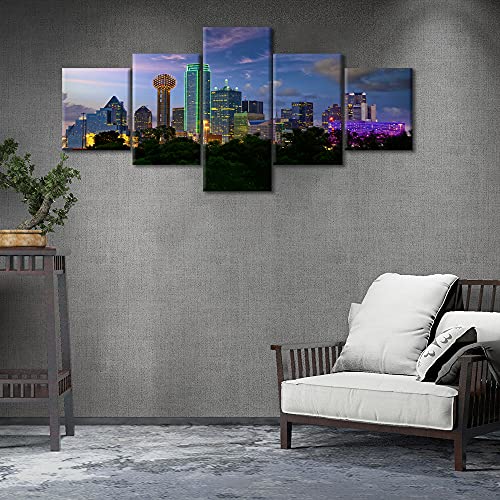 Tumovo Dallas Texas Skyline Canvas Wall Art Night Cityscape Paintings Modern City Downtown Picture For Bedroom 5 Piece Home Decoration For Living Room Framed Ready To Hang (50''Wx 24''H) #TOP1