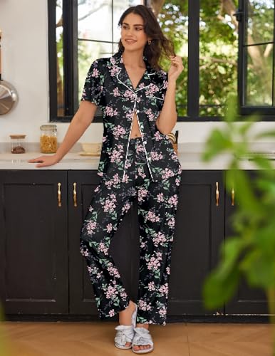 Image of Ekouaer Women Pajamas Set Button Down Sleepwear Short Sleeve Nightwear with Long Pants Soft Pjs Set S-XXL