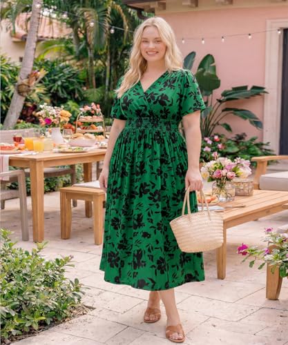Image of CARCOS Plus Size Dresses for Curvy Women V Neck Summer Maxi Dress Short Sleeve Floral Boho Dress Smocked Waist Beach Dress