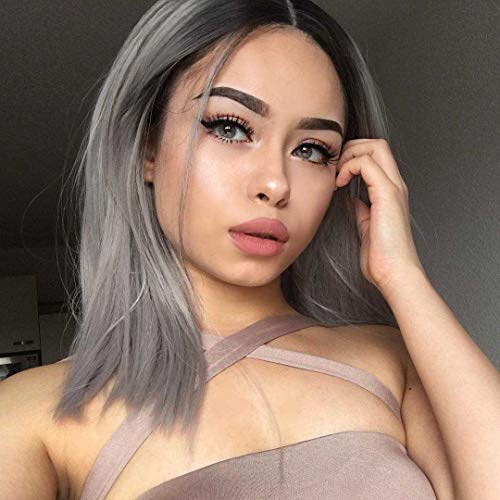 AISI HAIR Short Gray Wigs Straight Ombre Color Hair Middle Part Synthetic Wigs for Women Shoulder Length Dark Roots Wigs Heat Resistant Fiber Wig
