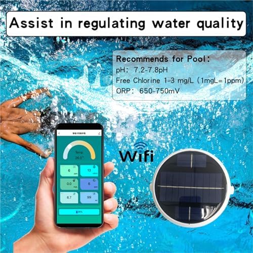 Smart Pool Water Tester - 7 en 1, monitoreo inalámbrico Bluetooth para jacuzzis, pH en tiempo real, ORP, EC, TDS, análisis de sal, temperatura y cloro, diseño solar flotante