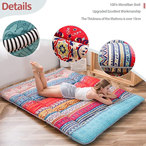 Image of MAXYOYO Bohemian Retro Vintage Floral Japanese Futon Mattress Roll Up Tatami Floor Foldable Mat Portable Camping Mattress Sleeping Pad Floor Lounger Couch, King
