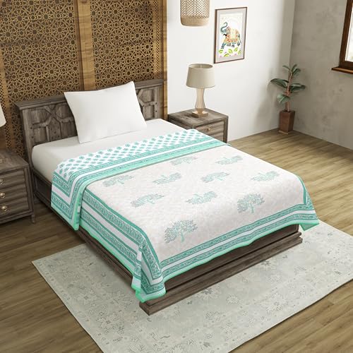 Image of BLOCKS OF INDIA Hand Block Printed Cotton Single Size Reversible Malmal Dohar for Summer (Light Green Tree)