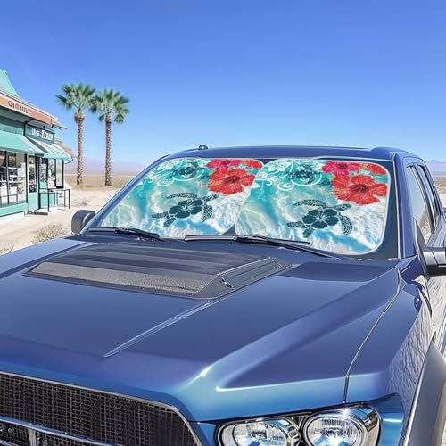 Image of Hibiscus Turtle Windshield Sun Shade Foldable 2 PCS Sunshade Visor Car Windshield Sunshades Easy Installation Front Window Sun Shade Blocks UV Rays and Keeps Your Vehicle Cool