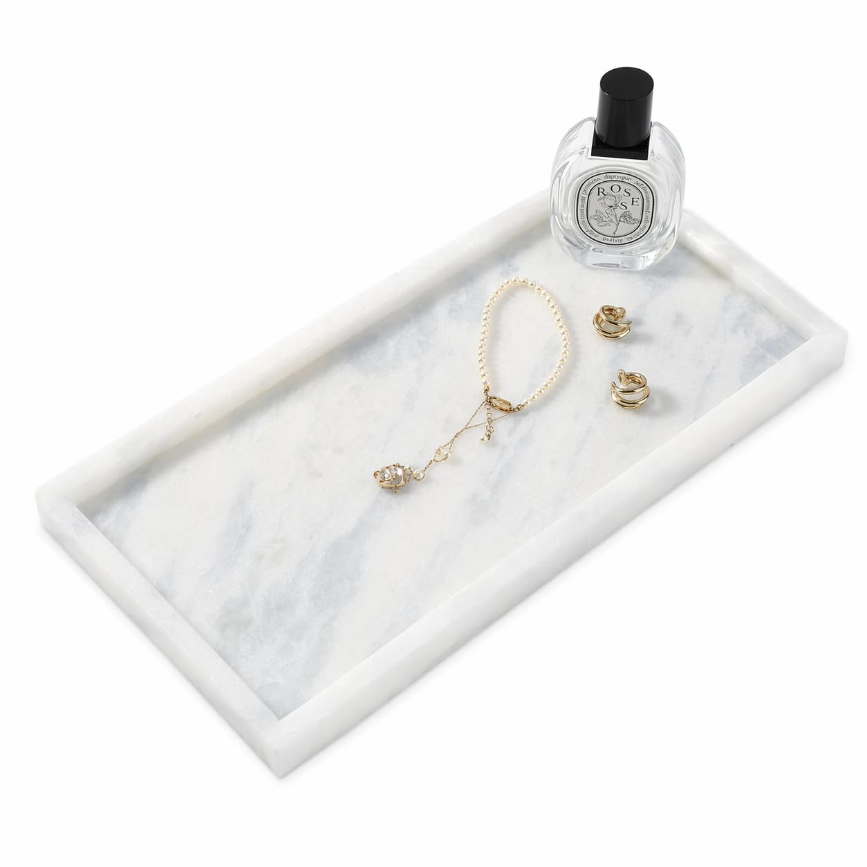 Koville 12" x 6" White Marble Vanity Tray for Home, Marble Bathroom Tray