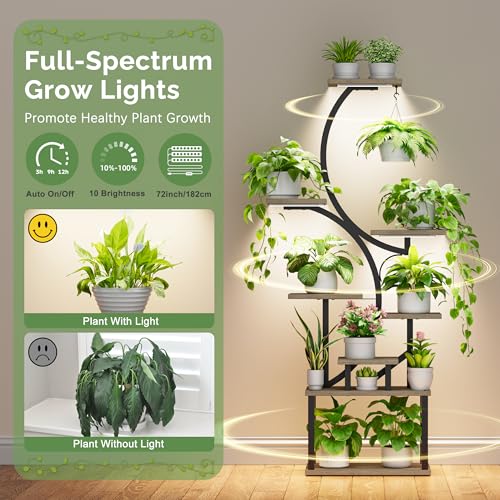 Image of Plant Stand with Grow Lights for Indoor Plants, 8-Tiered Tall Corner Plant Shelf with Full Spectrum Light, S-Shaped Space-Saving Narrow Flower Holder, Anti-Tip for Living Room Bedroom Office, Grey