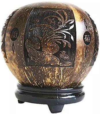 BaibaiShun Handicrafts China Wooden Coconut Shell Carving Art with Four Plant Gentlemen Pattern for Ornament,Craft or Unique Gift(Brown,Polishing)