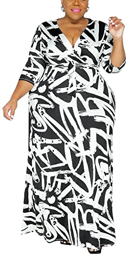 Image of BFFBABY Women's Wrap V Neck Plus Size Maxi Dresses 3 /4 Sleeves Chain Floral Printed Swing Dress with Belt