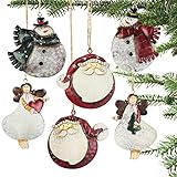 Partybus Christmas Ornaments Set, 3D Lightweight Rustic Tin Angel Snowman Santa Claus Decorations for Kids Xmas Tree, Metal Country Gift Tags with Burlap Ribbon, 6 Pack