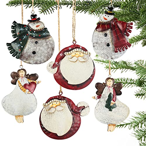 Partybus Christmas Tree Ornaments Set of 6, Small Rustic Indoor Outdoor Holiday Home Decorations, Farmhouse Country Gift for Family in Bulk, Vintage Metal Santa Snowman Angel Décor