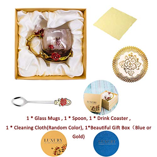 Tea Cup, Mother's Day Gifts, Coffee Mug, Clear Glass Cups with Spoon Set, Lead Free Handmade Butterfly, Unique Rose Flower Enamel Design, Birthday Decoration Wedding Gift Ideas (Red Short) - Thumbnail 2