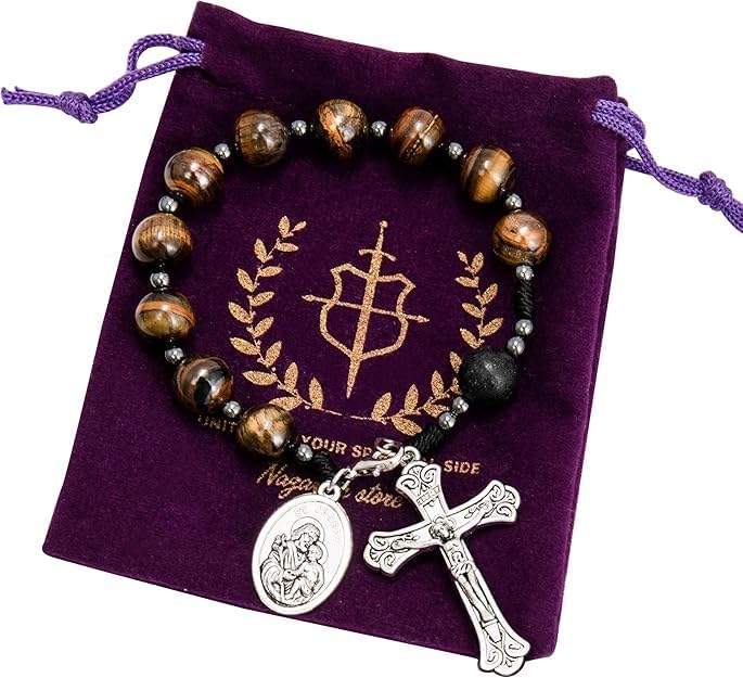 Nazareth Store Tiger Eye Beads One Decade Rosary Handmade Pocket Car Mirror with Saint Joseph Medal and Jesus Cross in Antique Silver Volcanic Stone Travel Friendly Rosary - Image 4