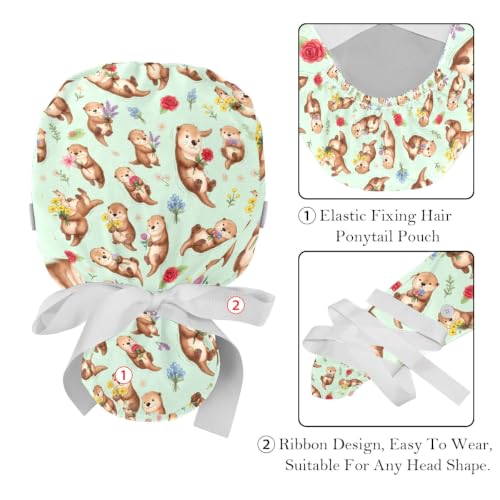 Image of 2 PCS Bouffant Cap with Button Ponytail Pouch Working Cap Sweatband Adjustable Surgical Cap Black and White Cow