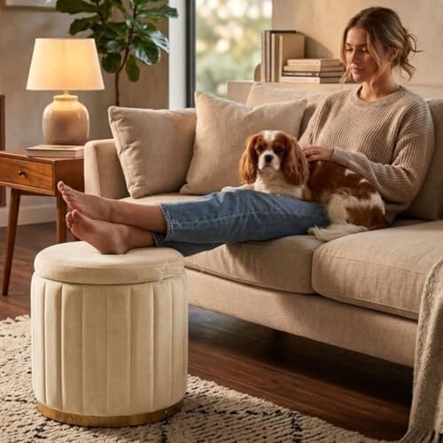 Image of Superior Round Storage Ottoman Stool 13 X 13X 16 inch, with Gold Metal Base | Elegant Pouffe with Secret Storage | Cushioned Footrest for Living Room, Bedroom, and Lounge Cream