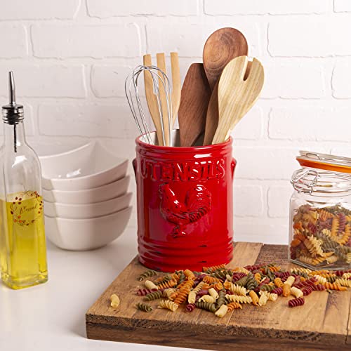 Mosjos Kitchen Utensil Holder For Countertop - Large 7” Rustic Ceramic Utensil Crock - Dishwasher-Friendly Rooster Cooking Utensil Organizer Caddy For Farmhouse Kitchen Decor .Red #TOP4