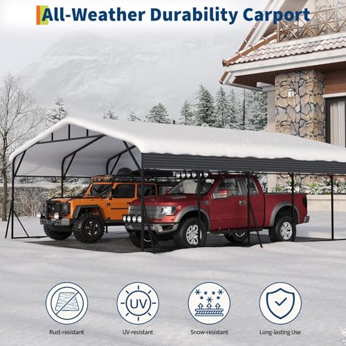 Image of GAOMON Metal Carport, Carport with Reinforced Base and Galvanized Steel Roof, Heavy Duty Garage Car Shelter Shade, Outdoor Car Port Canopy for SUV, Truck, Boats, 20x25 FT