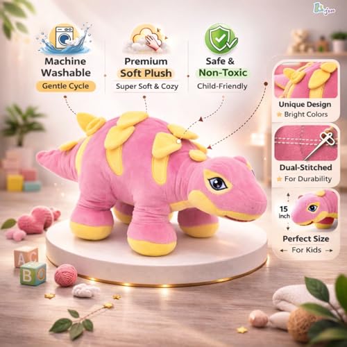 Image of Dinosaur Soft Toy (53CM) Cartoon Pink Plush Stuffed Animal| Baby Plush Toy Stuff Toy | Cute Cuddly Dino Teddy for Kids and Babies | Huggable Soft Toy Birthday Gift for Boys and Girls Kids