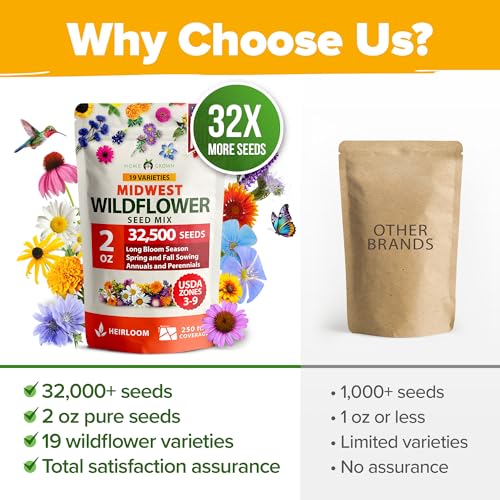 Image of HOME GROWN Midwest Wildflower Seeds Bulk Mix | 32,500+ Open Pollinated Perennial & Annual Flower Seed for Planting | 15 Varieties for Attracting Bees & Butterflies | 2 oz