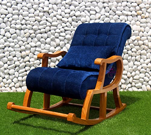 Image of CRAFTCITY Rocking Chair |Sheesham Wood Elegant Rocking Chair with Pillow and Matching Foot Stool and Pre assembeled(Royal Blue)