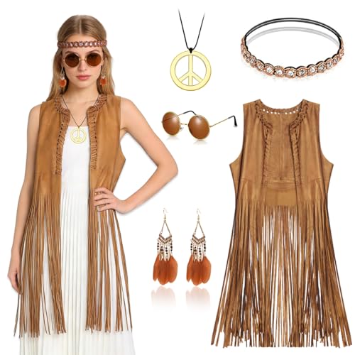Conjunto de disfarce hippie para mulher, colete hippie mulher com óculos de sol brincos diadema colar, conjunto de colete com franjas, conjuntos de disfarces hippies dos anos 60 e 70 para mulheres