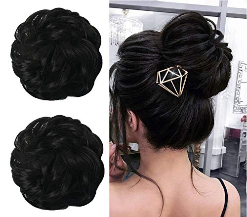 Moshina 2pcs Hair Bun Chignons-Wavy Curly Ponytail Hair Extension-Messy Donut Chignons Hair Updo-Wedding Bridal Hairpiece (1B)