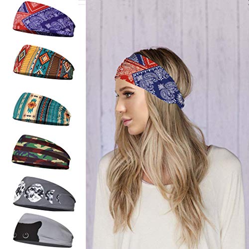Woeoe Boho Yoga Headbands Gray Wide Stylish Hair Bands Outdoor Elastic Headwear for Women and Girls (Pack of 6)