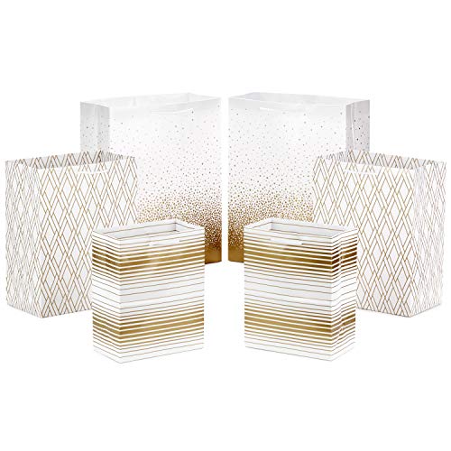Hallmark Gold Gift Bag Assortment - Diamonds, Stripes, Dots (Pack of 6: 2 Medium 9